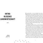Links: "Intro: Klischee Landwirtschaft" steht oben, darunter "Lydia". 
Rechts: Text über Vorurteile in der Landwirtschaft. Unten links Kuhspuren, Mitte unten eine graue Kuh.