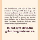 Du bist nicht allein. Wir gehen das gemeinsam an. Text über Aufbau und Themen aus dem Alltag. Beige Hintergrund, rote Akzente.