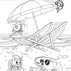 Eine Illustration: Eine Surf-Schnitte reitet eine Welle, daneben ein Liegestuhl und ein Sonnenschirm am Strand.
