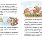 „Stimmt ja gar nicht“, widerspricht Omama. „Es gibt schon Obst. Nur nicht in meinem Garten. Trockenzeit ist nämlich Orangenzeit!“ Tafiti und Pinsel nehmen einen großen Korb. Illustrationen von Tafiti, Pinsel und Kuchen. Pinsel riecht mit einem Schweinerüssel.
