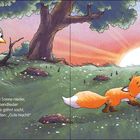 Text: "Bald schon sinkt die Sonne nieder..." Illustration einer Abendlandschaft mit zwei Vögeln und einem gähnenden Fuchs.