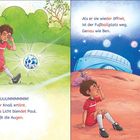 "Buuuuuuummmmm! Ein lauter Knall ertönt. Ein helles Licht blendet Paul. Er schließt die Augen." Links: Junge im roten Trikot tritt Ball; rechts: Junge überrascht auf rotem Boden, futuristische Landschaft.