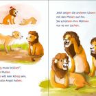 „Ein König muss brüllen!“, ruft seine Mutter. Drei Löwen lachen über einen jungen, unsicheren Löwen namens Lino.