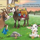 Zu blau, zu rau und zu kariert. Wenn Böckchen bockig werden, gibt’s Tränen. Ziegen tragen einen Rucksack im Gras.