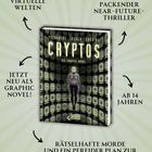 Im Zentrum: "CRYPTOS", Graphic Novel. Oben: Autoren genannt. Umrandet von Stichwörtern und Details zur Geschichte.