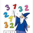 "Welche Zahl muss der Magier noch zaubern, damit jede Zahl 3-mal vorkommt?" Illustration: Ein Magier mit Zahlen 1, 2, 3.