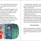 Text: „Das ist es!“, sagte Philipp und sprang aus dem Bett. Zudem steht in blauer Schrift das Wort „Bescheidenheit“. Illustration: Zwei Kinder, eins mit Brille, öffnen eine Tür.