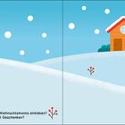 Im Schnee. Kannst du den Schlitten des Weihnachtsmanns einkleben? Wer füllt ihn mit Geschenken?  
Ein Rentier und ein Haus im Schnee.