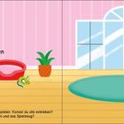 "Niedliche Kätzchen. Miau! Die Kätzchen lieben es zu spielen. Kannst du alle einkleben? Und auch ihr Körbchen und das Spielzeug?" 

Ein helles Zimmer mit rosa Wänden, einem runden Teppich, einem Katzenkörbchen und Spielzeug.