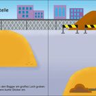 "Auf der Baustelle." Illustration einer Baustelle mit Sandhaufen, Absperrung und Gebäuden im Hintergrund.