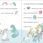 Texte zu Einhörnern und einem verzauberten Wald. Bunte Illustrationen mit Regenbogen, Einhörnern und einer magischen Pforte.