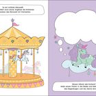 Links: "So ein schönes Karussell!" Karussell mit Einhörnern.
Rechts: "Wovon träumt das Einhorn?" Einhorn auf Wolke.
