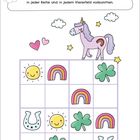 "Löse das Sudoku. Jedes Bild darf nur einmal in jeder Spalte, Reihe und jedem Viererfeld vorkommen." Ein Einhorn mit Regenbogen.