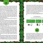 Grüner Schild mit "01". Beginn einer Abenteuergeschichte in einer Minecraft-Umgebung. Entscheidungsbuttons: Beobachte die Böe, Geh zur Tür, Erkunde.