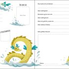 Zwei Seiten zum Ausfüllen mit Feldern für persönliche Informationen, Hobbys und Farben. Illustrationen von einem Seemonster und Anker.