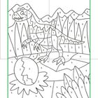 Nummern 1-6, Farbschlüssel unten (Braun, Grün, Gelb, Türkis, Grau, Dunkelgrün), Dinosaurier, Gebirge, Ei.