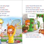 Text: Lukas hat etwas Angst vor Achterbahnen, mag Karussells lieber. Illustration: Kinder, Achterbahn, blühende Rosen.