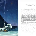 November. Ende November begann es zu schneien. Illustration eines verschneiten Häuschens vor einem Sternenhimmel.