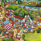 Rechts: das Bonbon, der Korb, die Teekanne, der Pinsel, das Küken, der Blumentopf. Links: Markt voller Tiere in bunten Szenen.