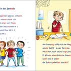 Texte beschreiben Geheimagenten und Treffen. Links drei Kinder, rechts ein Junge an einem Tisch mit Plänen.