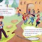 "Die alte Burg. Emils Klasse macht einen Ausflug zu einer alten Burgruine. Darüber freuen sich alle Kinder. Nur Emil nicht."

Ein Junge steht allein vor einer Burg und schaut ärgerlich. Andere Kinder spielen fröhlich mit einem Lehrer.