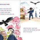 KORU, DER KLUGE RABE. Ein Rabe mit Münze fliegt über Kinder in einem Dorf mit Kirschbäumen. Kinder laufen freudig.