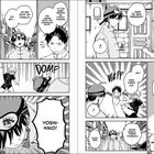 Comic-Panel mit Charakteren in Gesprächen: Themen wie Gefahr, Freundschaft und humorvolle Missverständnisse. Japanisches Setting.