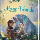 Ein Formular mit Fragen zu Name, Spitzname, Geburtstag, Hobbys, Lieblingsfilm und mehr. Illustration: Kind mit weißem Pony.