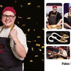 Pakos Wettkampfreise. Ein fröhlicher Mann mit Brille und roter Mütze jubelt, umgeben von goldenen Konfetti. Mehrere Kochszenen.