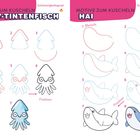 Links: "Motive zum Kuscheln BABY-TINTENFISCH". Rechts: "Motive zum Kuscheln HAI".  Schritte zeigen Zeichnungen.