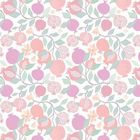 Keine Texte zu berichten. Muster mit Granatäpfeln, Blättern und Blumen in sanften Rosa- und Grüntönen.