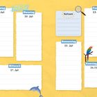 Kalenderwoche 29, Montag 19. Juli bis Sonntag 25. Juli. Bunte Illustrationen: Papagei, Lutscher, Delfin, Kaktus.