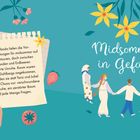 "Midsommar in Gefahr"; Notiz mit Text über Unruhe; Girlanden, Blumen, Tanzende im Kreis, Erdbeeren, Flechtkorb, Illustration.