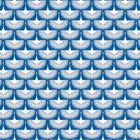 Symmetrisches Muster aus weißen, stilisierten Vogelmotiven auf blauem Hintergrund.