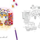 Tipp: Bunt, bunter, Marrakesch! Ereignisreiche Komposition aus Laternen, Teppichen und bunten Türen in einem Basar, illustriert.