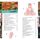 Links: "HERBST" und Kapitelüberschriften, Bilder mit einem Fuchs, einem Mönch und herbstlichem Tor. Rechts: "WINTER", Buddha-Illustration, Bilder von Hot Spring, Tor im Schnee und beleuchteter Gasse.