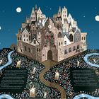 Texte im Buch: Es geht um Kay und Gerda und die Geschichte der Schneekönigin. Farbige Pop-up-Burg umgeben von Flüssen und Bäumen.