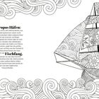 „Apropos Häfen“ und „Fischfang“ sind hervorgehoben. Illustratives Schiff mit dekorativen Mustern umgeben von Wellen.