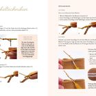 Links: „Häkeltechniken“. Erklärungen zu Luftmasche, Kettmasche. Rechts: Erklärung feste Masche in V-Form, X-Form.