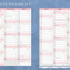 Jahresübersicht Januar bis Juni, mit Feiertagen und besonderen Tagen. Legende: Blutungsstärken und Eisprung. Blumen-Verzierung.