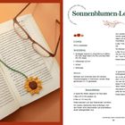 Links ein offenes Buch mit Häkelsonnenblume als Lesezeichen, rechts eine Anleitungen für ein Sonnenblumen-Lesezeichen.