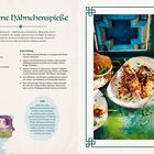 "Gebratene Hähnchenspieße." Rezept für 6 Personen mit Zutaten, Zubereitungstipps, und einer Illustration von zwei Figuren.