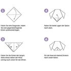 Anleitung zur Faltung eines Origami-Hundes in sechs Schritten; jeder Schritt zeigt einen Fortschritt des Faltvorgangs.