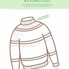Oben: "Kunterbunter Kuschelpulli". Oben links Material, rechts: Pullover zum Ausmalen mit Buntstift.