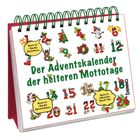 „Der Adventskalender der heiteren Mottotage“. Zahlen von 1-24 mit weihnachtlichen Illustrationen.