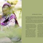 INTRODUCTION: Eine Frau in lila Kleidung sitzt neben einem traditionellen Gegenstand, umgeben von Natur.