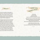 Links steht "Meditation", rechts "GEBET DER GRÜNEN HEXE". Links eine Eule, rechts Blumen mit Schmetterling, Mond im Hintergrund.