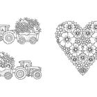 Links zwei Traktoren mit Blumenanhänger, rechts ein großes Herz aus vielen Blumen. Illustration ohne Text.