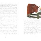 Text auf zwei Seiten. Eine Illustration zeigt ein Kind, das freundlich einen großen, ruhigen Stier auf einem Holzzaun krault.