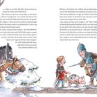 Eine Illustration: Ein Mädchen reitet auf einem Pferd in einem Schneeumfeld. Zwei bewaffnete Männer begegnen einem Jungen mit einem gepunkteten Schwein.